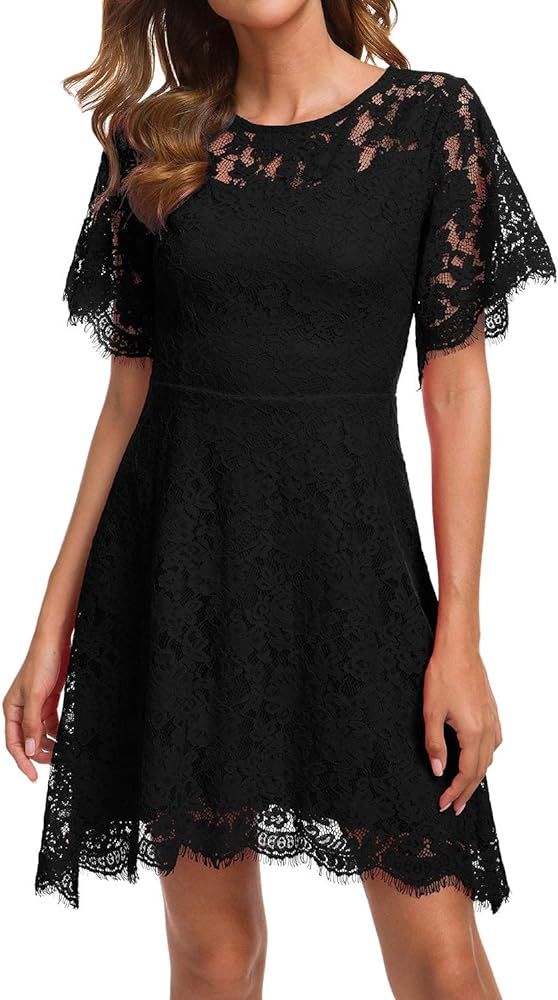 MSLG Women's Elegant Round Neck Short Sleeves Wedding Guest Floral Lace Cocktail Party Dress 943 | Amazon (US)