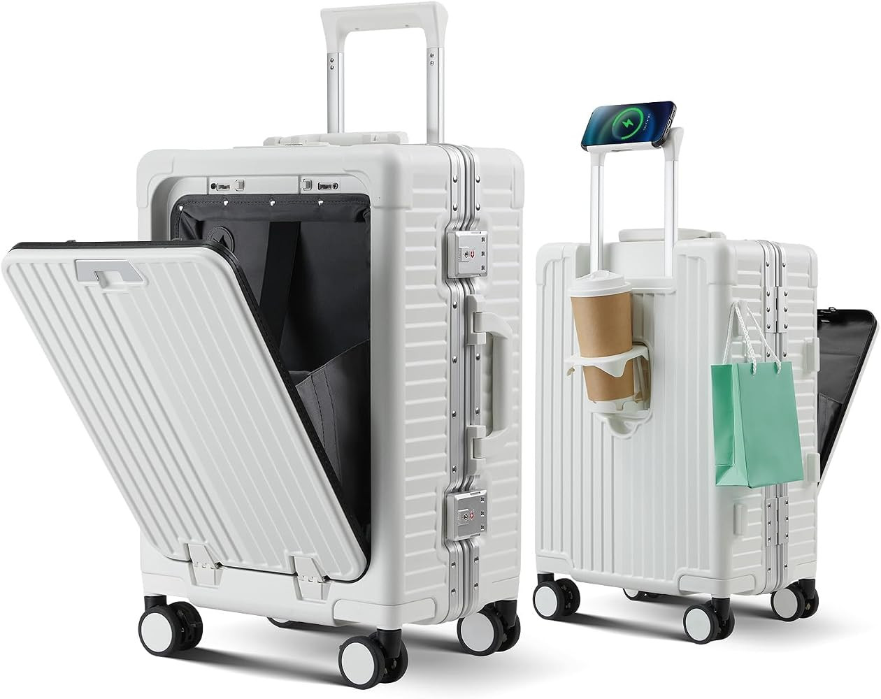 Carry on Luggage Aluminium Frame with Cup Holder,Top opening Suitcases and USB Charging Port,Ligh... | Amazon (US)