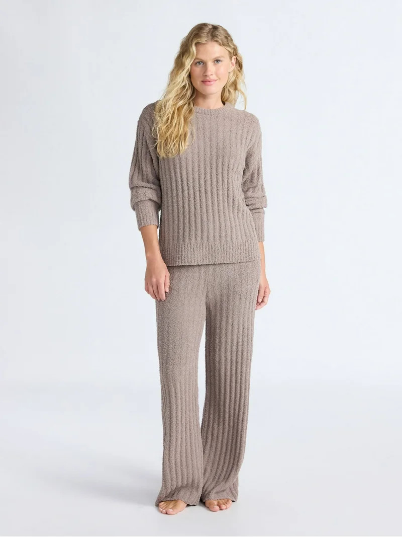 Joyspun Women's Cozy Ribbed Crewneck Top and Wide-Leg Pants Set, 2-Piece, Sizes XS-3X | Walmart (US)