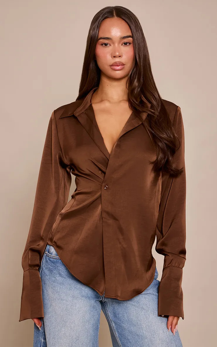 Brown Satin Asymmetric Button Shirt | PrettyLittleThing USA | PrettyLittleThing US