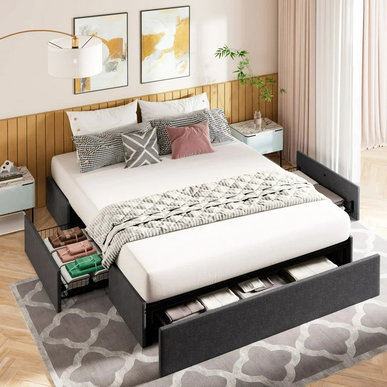 Amolife Queen Size Upholstered Platform Bed Frame with 3 Storage Drawers and Wooden Slats, Dark G... | Walmart (US)