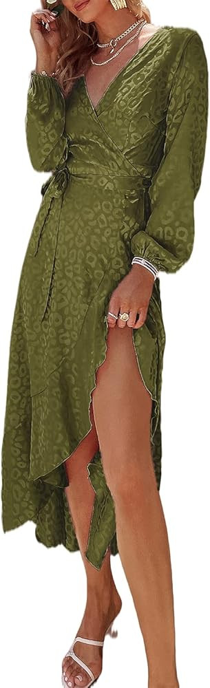 Miessial Women's Summer Chiffon V Neck Ruffle Maxi Dress Polka Dot Long Beach Wrap Dress | Amazon (US)