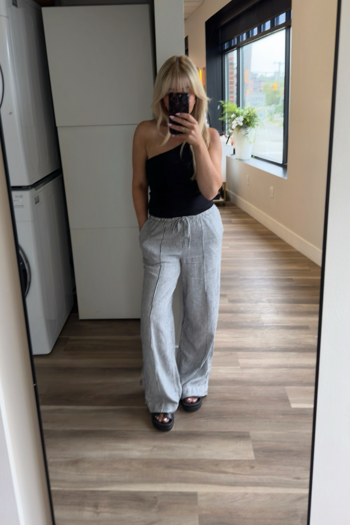 Black one shoulder tank top with built in support size small 
Black and white striped linen wide leg pants (target last year linked similar 
Steve Madden sandals size 7

#LTKootd #LTKTravel #LTKgrwm