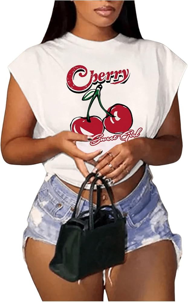 WDIRARA Women's Cherry Print Graphic T-Shirt Crewneck Cap Sleeve Crop Tee Shirt Top | Amazon (US)