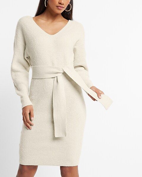 V-Neck Long Sleeve Belted Sweater Dress | Express