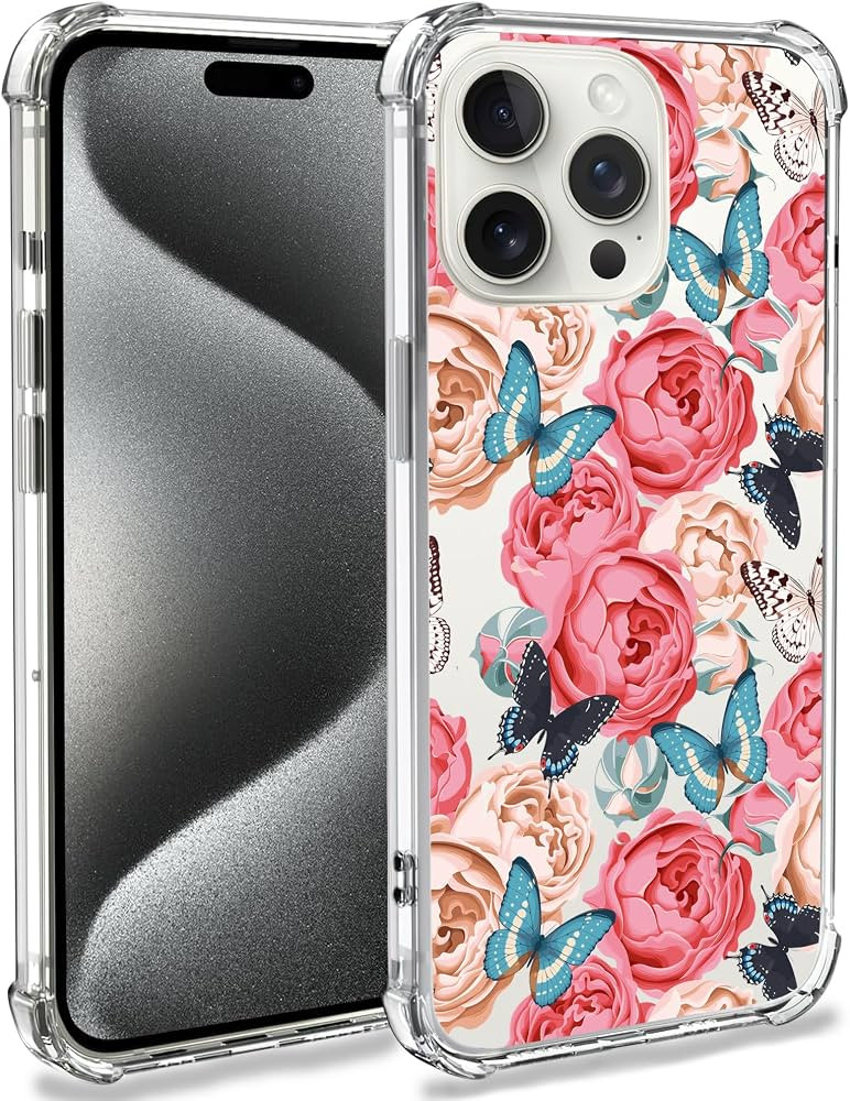 Clear Case Compatible for iPhone 15 Pro Max, Peony Roses Butterfly Pattern for Women Men Non-Fadi... | Amazon (US)