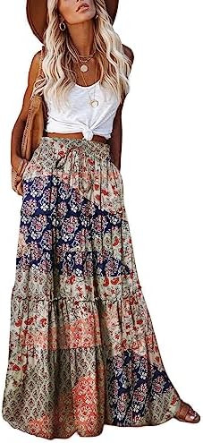 EARKOHA Womens Boho Maxi Skirt 2026 Summer Cruise Casual High Waist Tie Flowy Long Skirt with Poc... | Amazon (US)