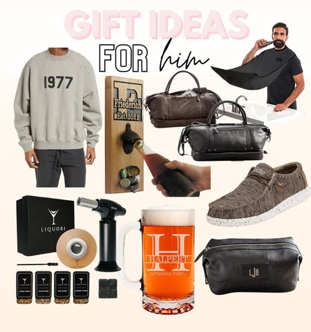 Gift guide for men, personalized beer mug, duffel bag, hey dude shoes, beer bottle opener, cocktail smoker, stocking stuffers, men gifts 

#LTKHoliday #LTKmens #LTKGiftGuide