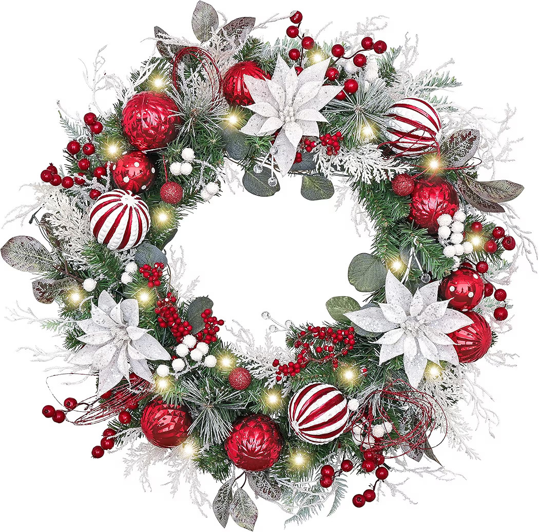 Valery Madelyn 24'' Pre-Lit Christmas Wreath for Front Door with Light, Large Lighted Outdoor Chr... | Amazon (US)