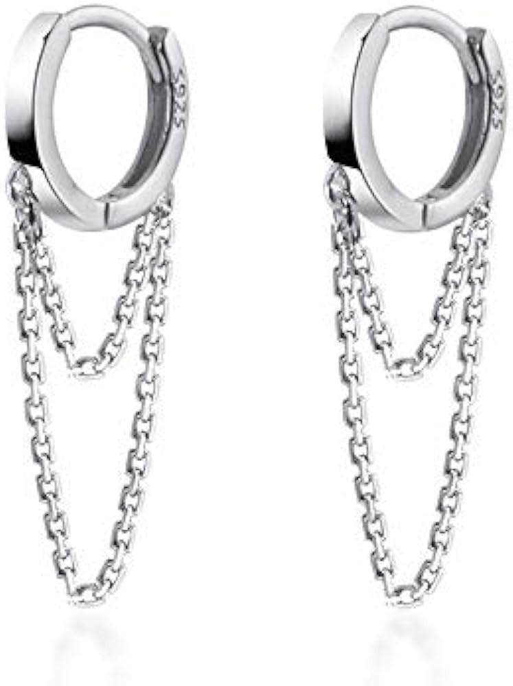 Reffeer Solid 925 Sterling Silver Tassel Chain Drop Dangle Small Hoop Earrings Huggie for Women T... | Amazon (US)