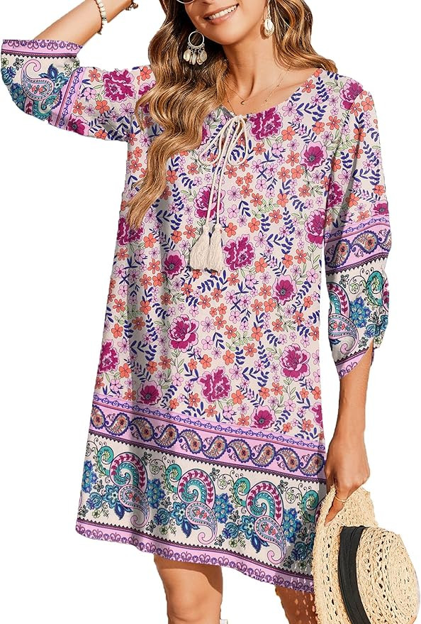 Zeagoo Womens Boho Dresses Casual Beach Summer Dress Tassel Tie Neck 3/4 Long Sleeve Mini Sundres... | Amazon (US)
