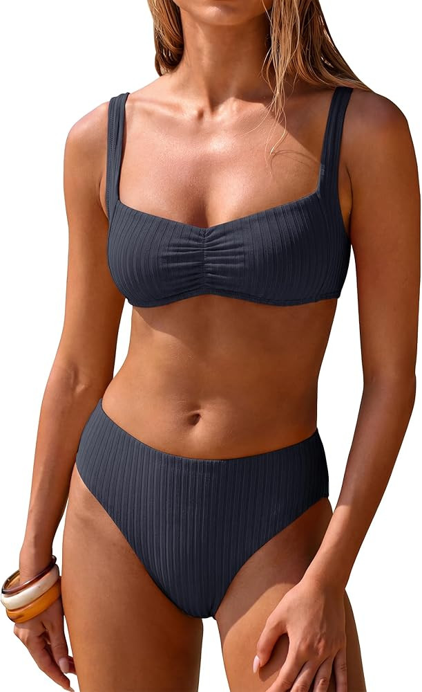 ANRABESS Womens Bikini Sets Two Piece Swimsuit Ribbed Front Ruched Mid Waisted Bathing Suit Color... | Amazon (US)