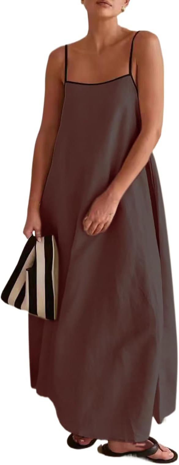 Lisskolo Women Spaghetti Strap Maxi Dress Solid Color Linen Sleeveless A Line Contrast Swing Beac... | Amazon (US)