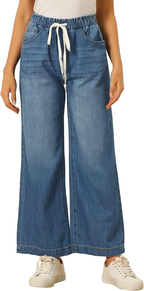 Allegra K Casual Denim Pants for Women's Drawstring Elastic Waist Wide Legs Jeans | Amazon (US)