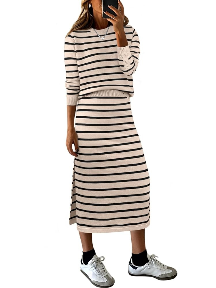 ANRABESS 2 Piece Skirts Sets For Women Fall Fashion 2025 Striped Sweater Midi Dress Knit Lounge T... | Amazon (US)
