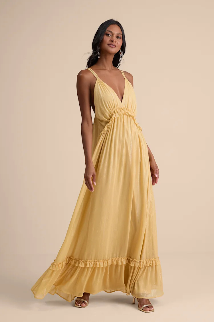 Massiel Yellow Lurex Ruffled Maxi Dress | Lulus