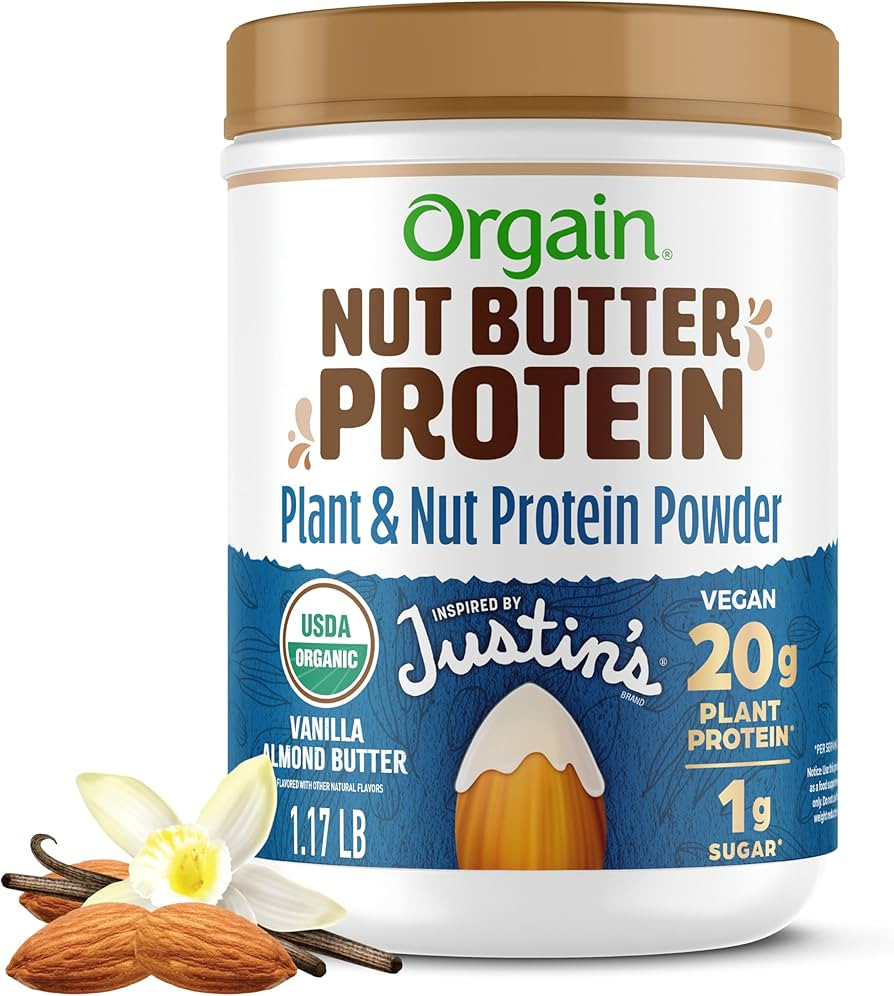 Orgain X Justin's ® Organic Vegan Nut Butter Protein Powder, Vanilla Almond Butter- 20g Plant Pr... | Amazon (US)
