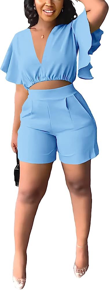 Fooullaide Womens Summer 2 Piece Outfit Set Crop Top Butterfly Sleeve Short Set Sexy Beach Vacati... | Amazon (US)