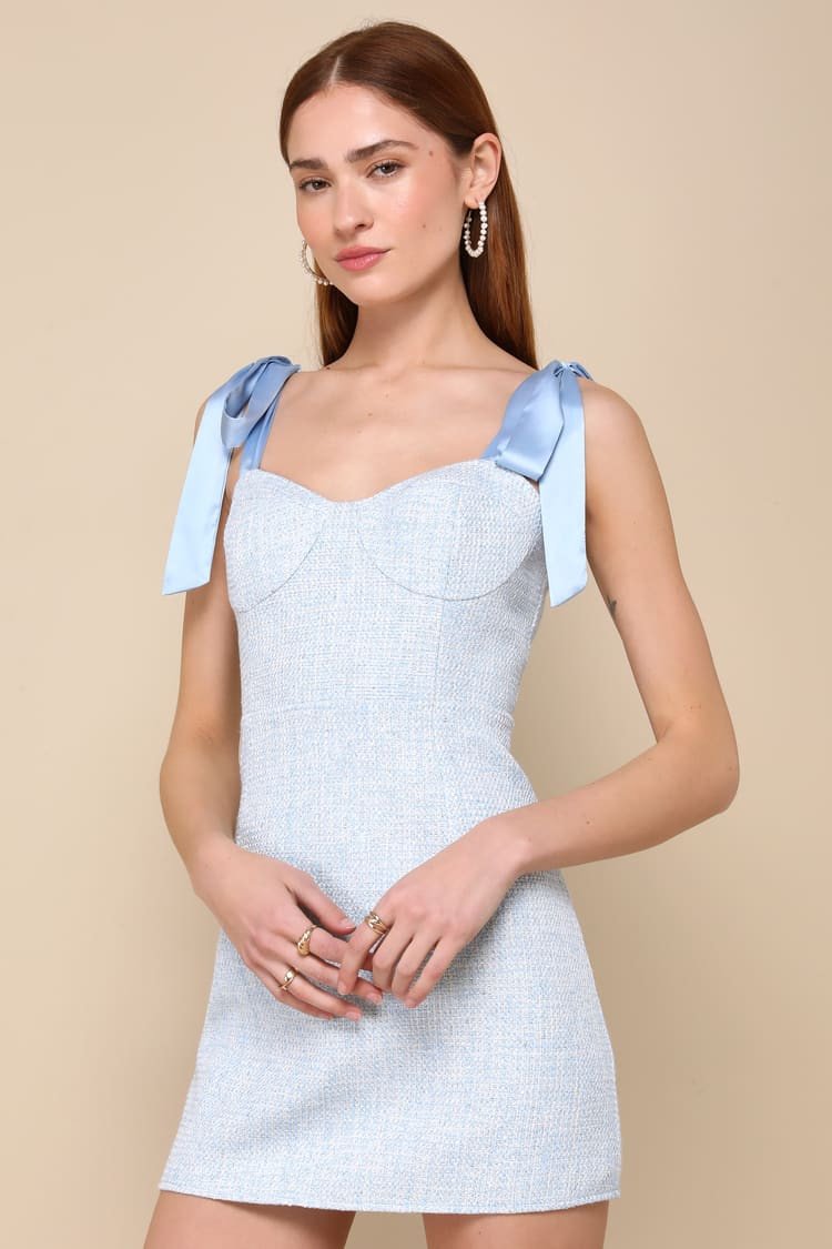 Adorable Trait Light Blue Tweed Tie-Strap Bustier Mini Dress | Lulus