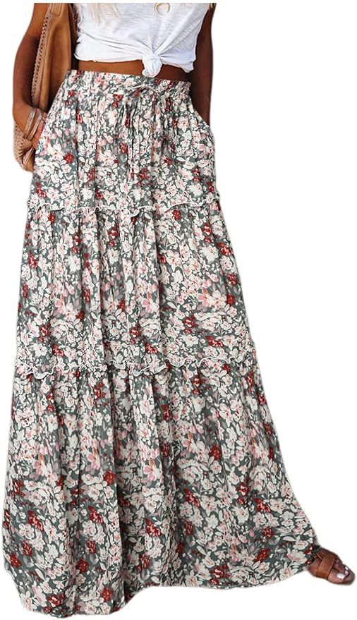 Happy Sailed Womens Floral Print Boho Maxi Skirt Elastic High Waist Pleated Ruffle Flowy Long Ski... | Amazon (US)