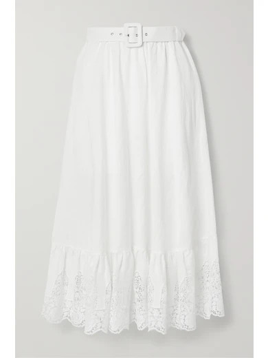 Miguelina - Debbie Belted Crochet-trimmed Embroidered Linen Midi Skirt - White | NET-A-PORTER (US)
