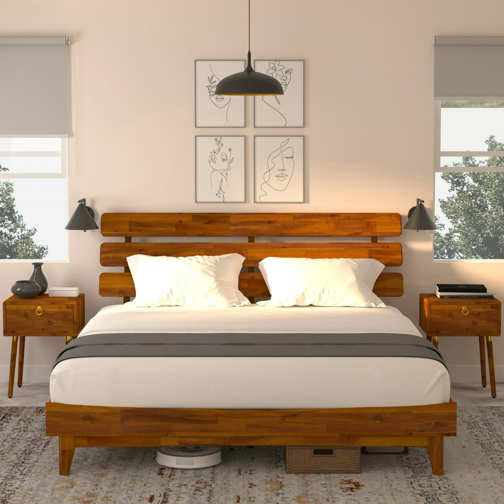 BME Dalen 39" King Bed Frame, Adjustable Headboard, Mid-Century, Solid Wood, Caramel | Walmart (US)