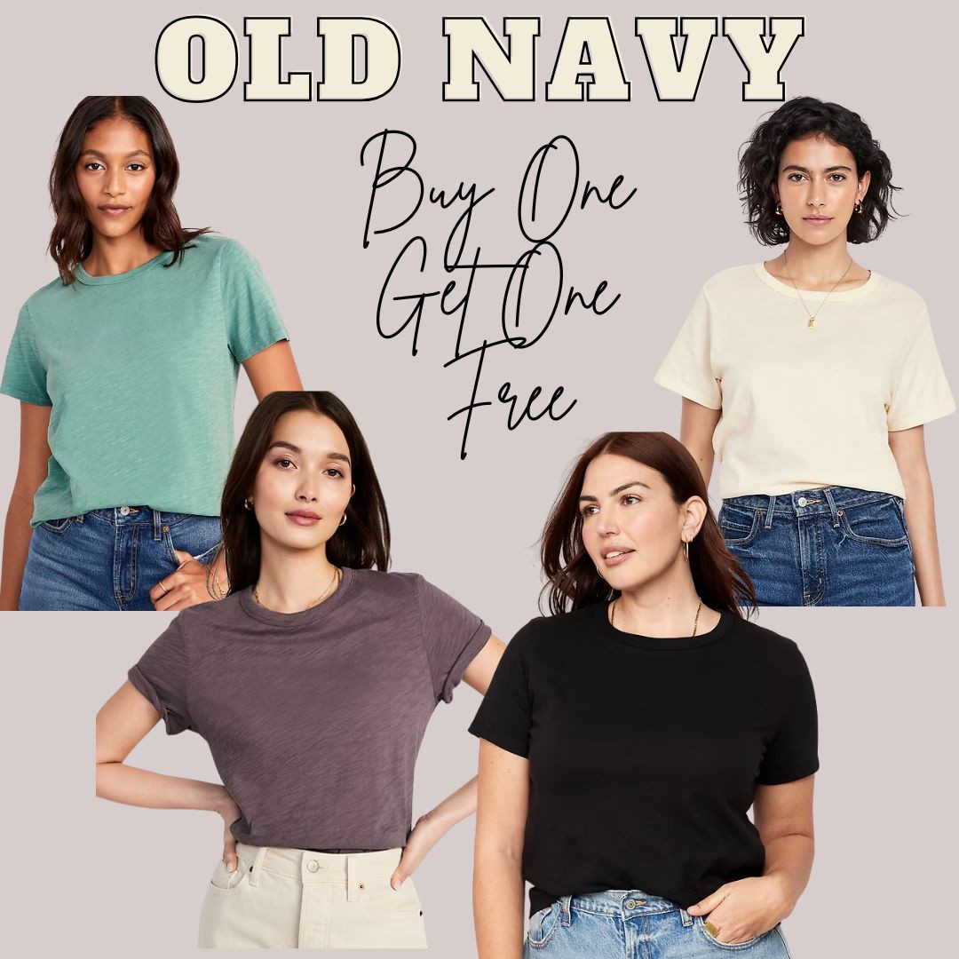 BUY ONE GET ONE FREE AT OLD NAVY TODAY! Such a great deal and a great time to stock up on all your favorites! You can never have too many basic tees! 

 #LTKFallSale #LTKSaleAlert #LTKStyleTip