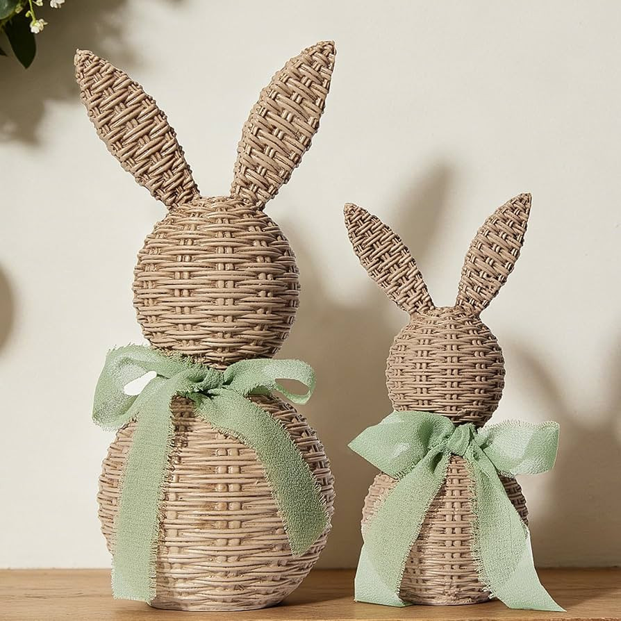 WDS WONDROUS Rattan Effect Resin Bunnies with Light Green Bow 2-Pcs Large & Small, Easter Decorat... | Amazon (US)