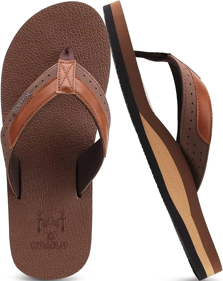 KuaiLu Men's Yoga Mat Leather Flip Flops with Arch Support Comfortable Cushion Walking Thong Sand... | Amazon (US)