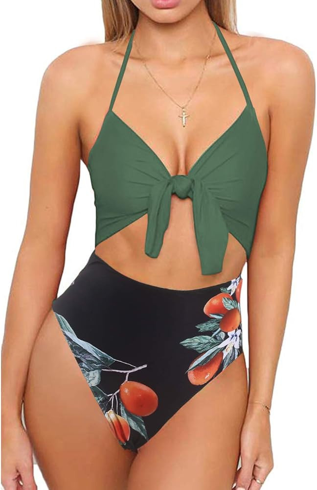 Women One Piece Swimsuit High Waisted Bathing Suits Front Tie Cutout High Cut Swimwear Bikini | Amazon (US)