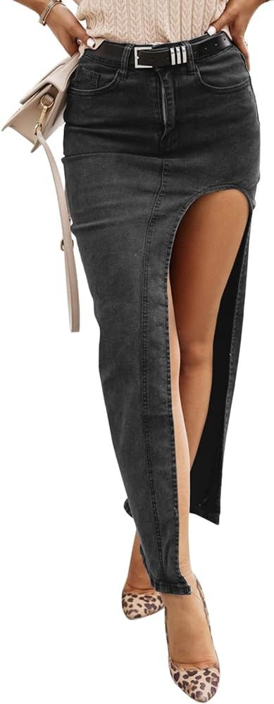 Wenrine Women's Sexy High Waist Denim Skirt Split Zip Up Jean Skirt Casual Maxi Skirt with Pocket... | Amazon (US)