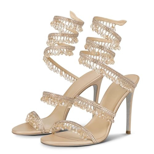 Longwenxuan Rhinestone Tassel Wrap Around High Heels Stiletto Sandals for Women,Women's Colorful Diamonds Twist Around Open Round Toe Lace up Heeled Sandals Date Banquet Dress Wedding Prom Heels Shoes | Amazon (US)