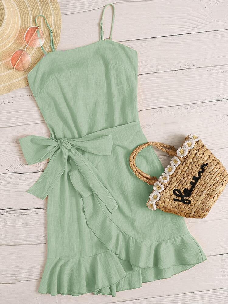 SHEIN Cut Out Tie Back Ruffle Trim Wrap Hem Slip Dress | SHEIN