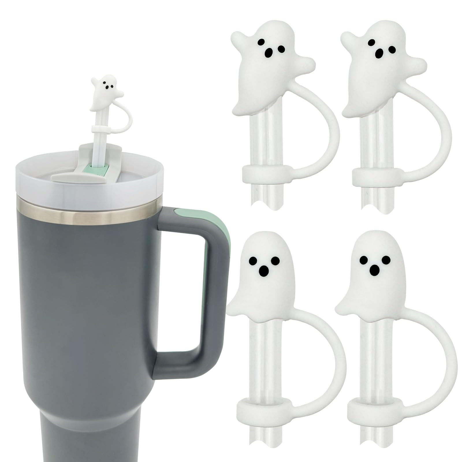 Cute Ghost Straw Covers Cap Compatible with Stanley Cup 30 40 oz, 4PCS Silicone Reusable Drinking... | Amazon (US)