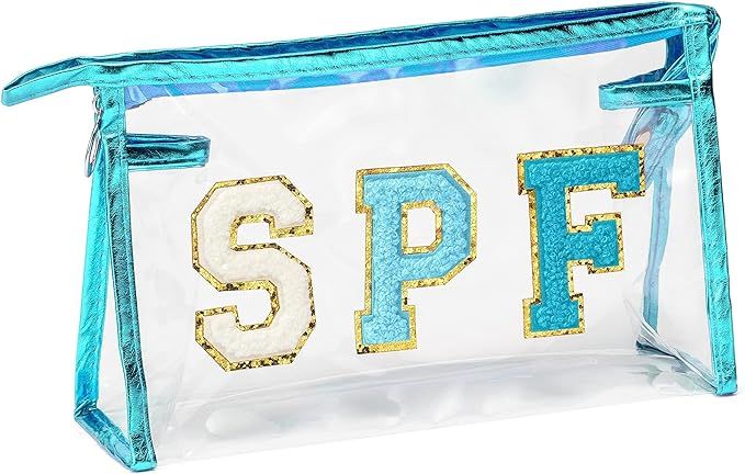 Preppy Patch Cosmetic Bag Azure SPF Chenille Varsity Letter Clear Toiletry Bag Aesthetic Waterpro... | Amazon (US)