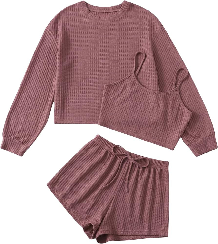COZYEASE Women's 3 Piece Lounge Sets Ribbed Knit Cami Top Long Sleeve Tee Shirts and Shorts Pajam... | Amazon (US)