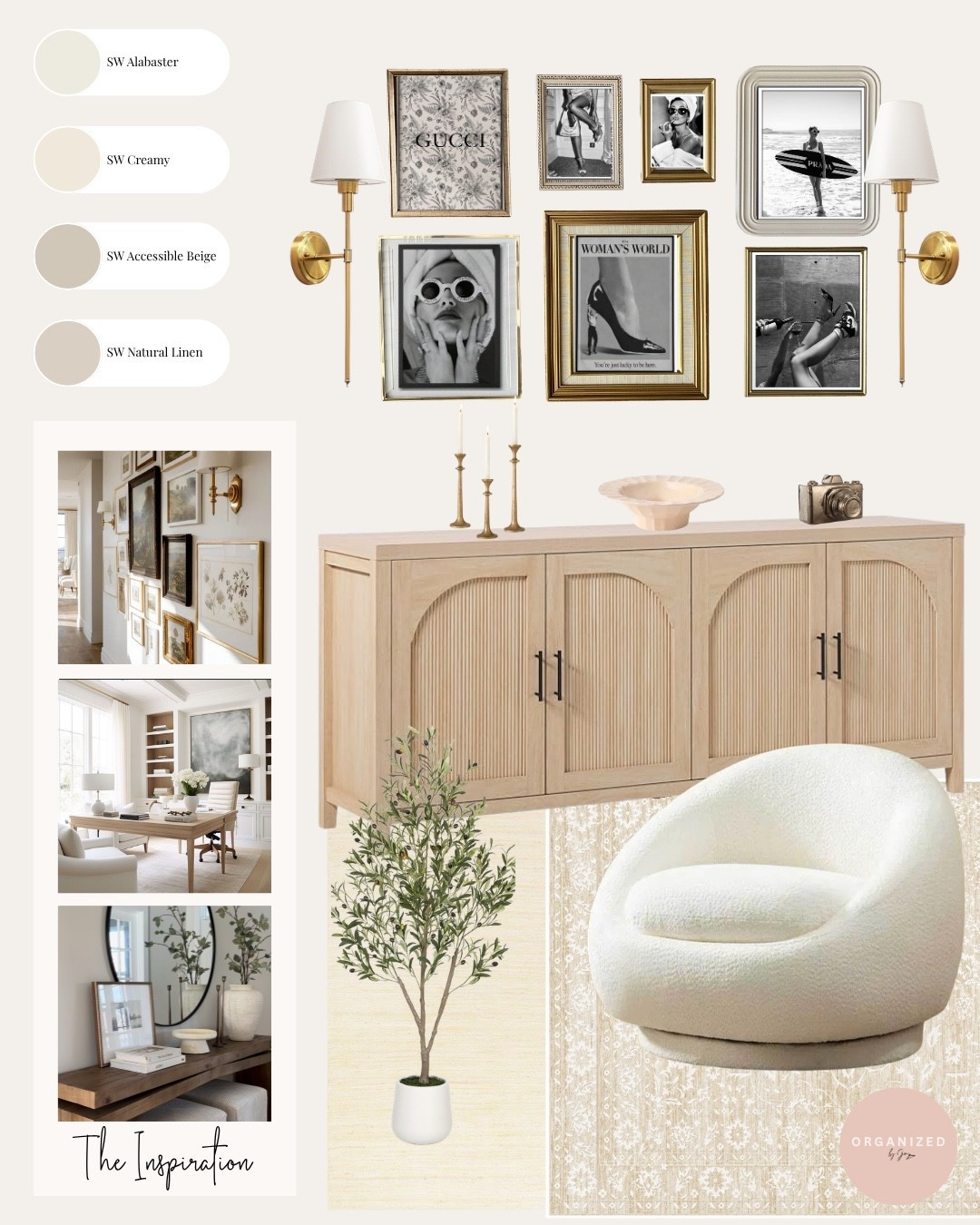 This studio transformation was all about creating a space that feels cozy, inspiring, and effortlessly chic. 

Using warm neutrals, light wood tones, layered rugs, and a vintage-inspired gallery wall, we brought together a modern mid-century aesthetic that feels both elevated and inviting. 

The creamy white walls keep the space bright and airy, while gold accents add just the right touch of vintage charm and girl boss energy. 🤍

#StudioDesign #OfficeDesign #MidCenturyModern #GalleryWall #VintageInspired #GirlBossOffice #InteriorDesign #OfficeInspiration #OrganicModern #LTKHome #InteriorStyling #HomeDecorIdeas
