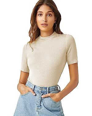 Verdusa Women's Casual Basic Mock Neck Short Sleeve Rib Knit Tee Top | Amazon (US)