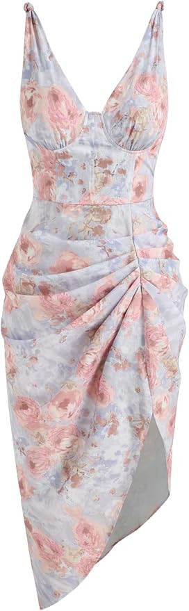 CIDER Dresses for Women Floral Ruched Midi Dress V Neck Sleeveless Illusion Bodycon Party Dress W... | Amazon (US)