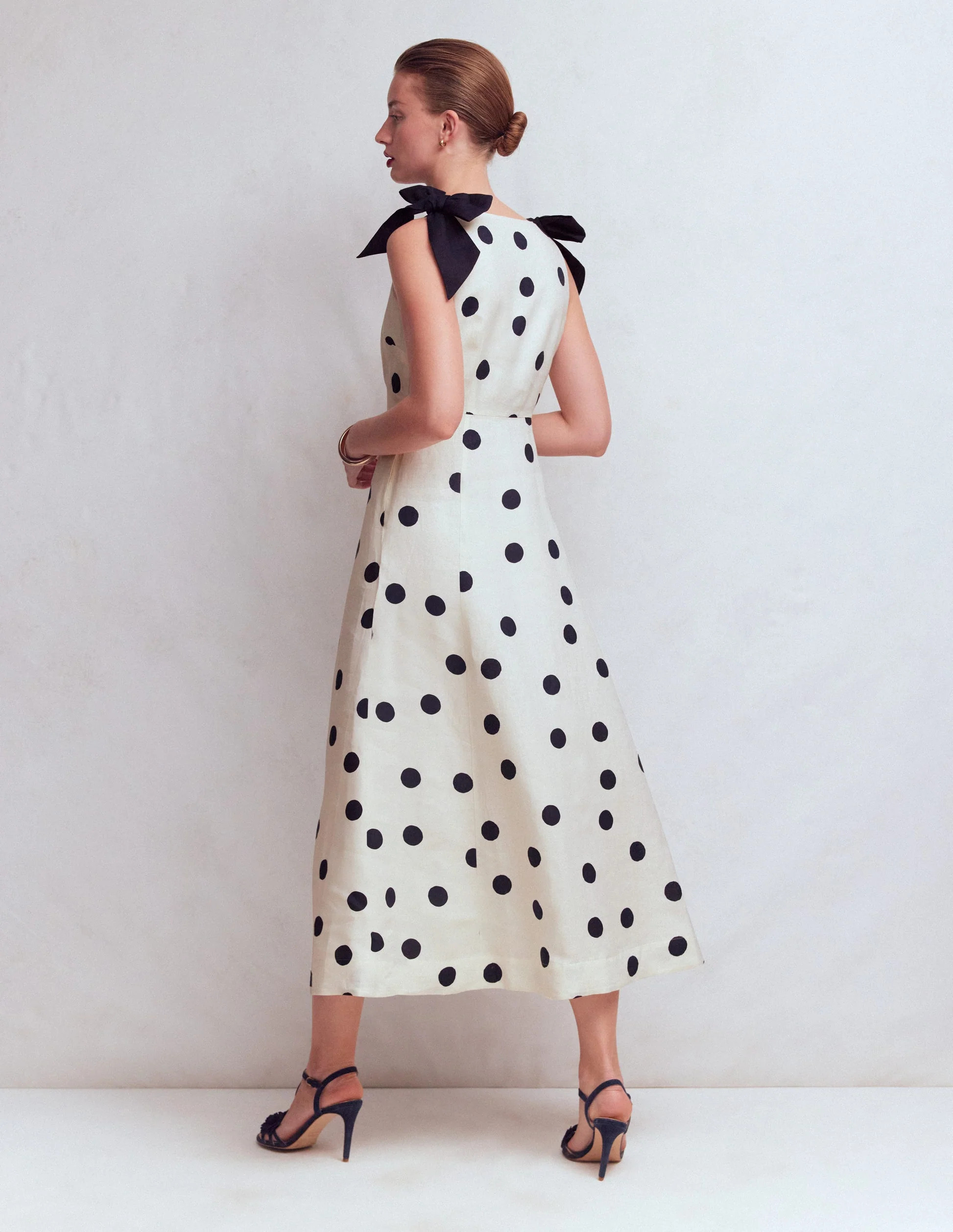 Bow Detail Linen Empire Dress-Ivory Painted Dot Spaced | Boden UK