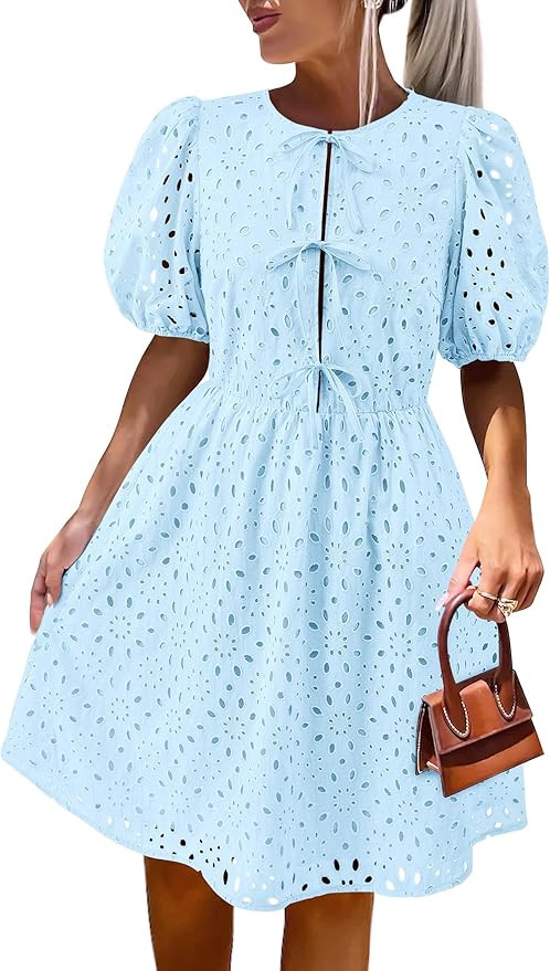KIRUNDO Spring Dresses for Women 2025 Eyelet Summer Open Front Tie Bow Puff Sleeve Short Beach Va... | Amazon (US)