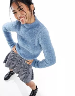 ASOS DESIGN fitted sweater with grown on neck in fluffy yarn in blue | ASOS (Global)