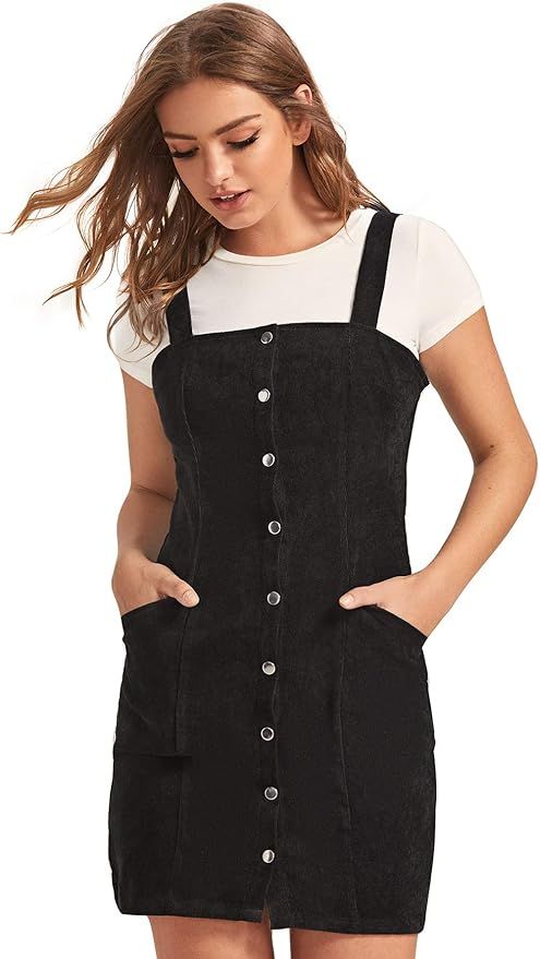 Floerns Women's Corduroy Button Down Pinafore Overall Dress with Pockets | Amazon (US)