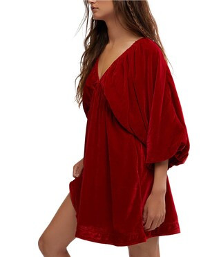 Free People Portia Velvet V-Neck 3/4 Sleeve Ruched Mini Dress | Dillard's | Dillard's