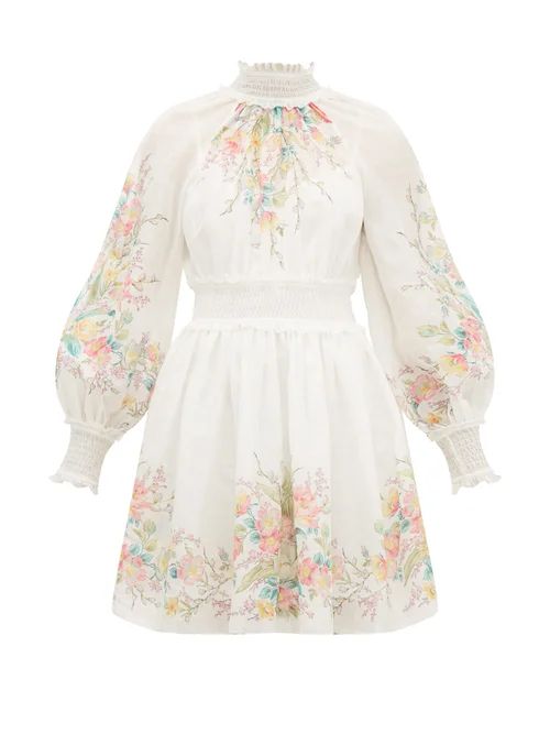 Zimmermann - Zinnia Floral-print Shirred Ramie Dress - Womens - Cream Print | Matches (US)