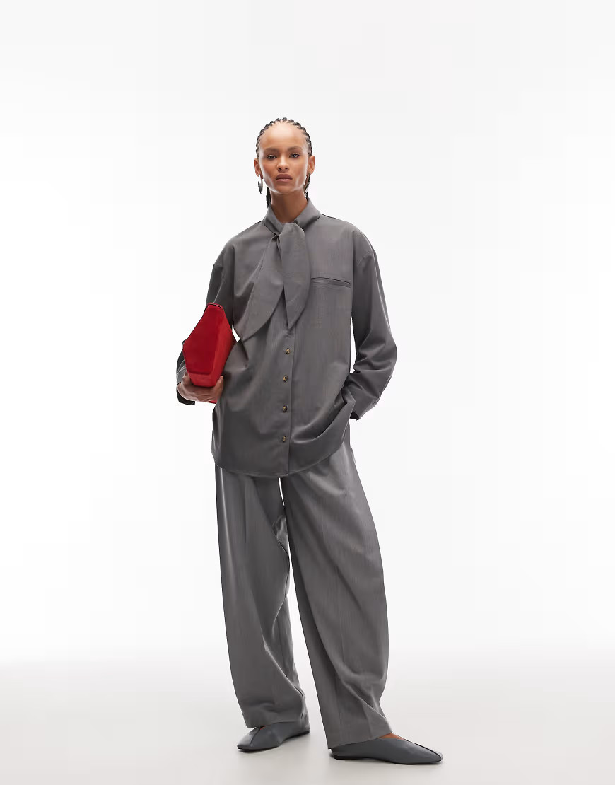 ASOS DESIGN oversized shirt with scarf detail in gray | ASOS (Global)