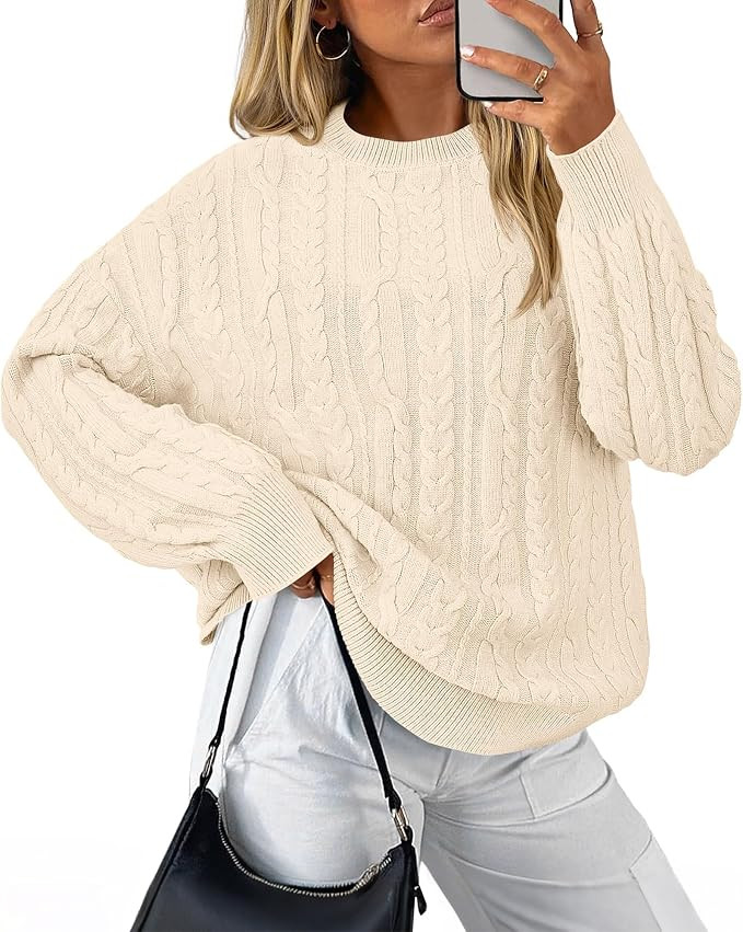 KIRUNDO Oversized Cable Knit Sweater Women 2025 Early Fall Fashion Chunky Cozy Long Sleeve Crewne... | Amazon (US)