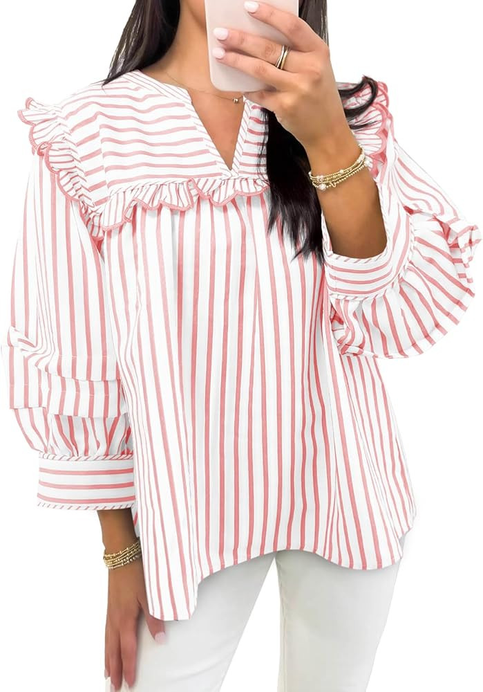 Cicy Bell Womens Striped Babydoll Tops Ruffle V Neck Puff Sleeve Blouses Loose Fit Cute Flowy Shi... | Amazon (US)