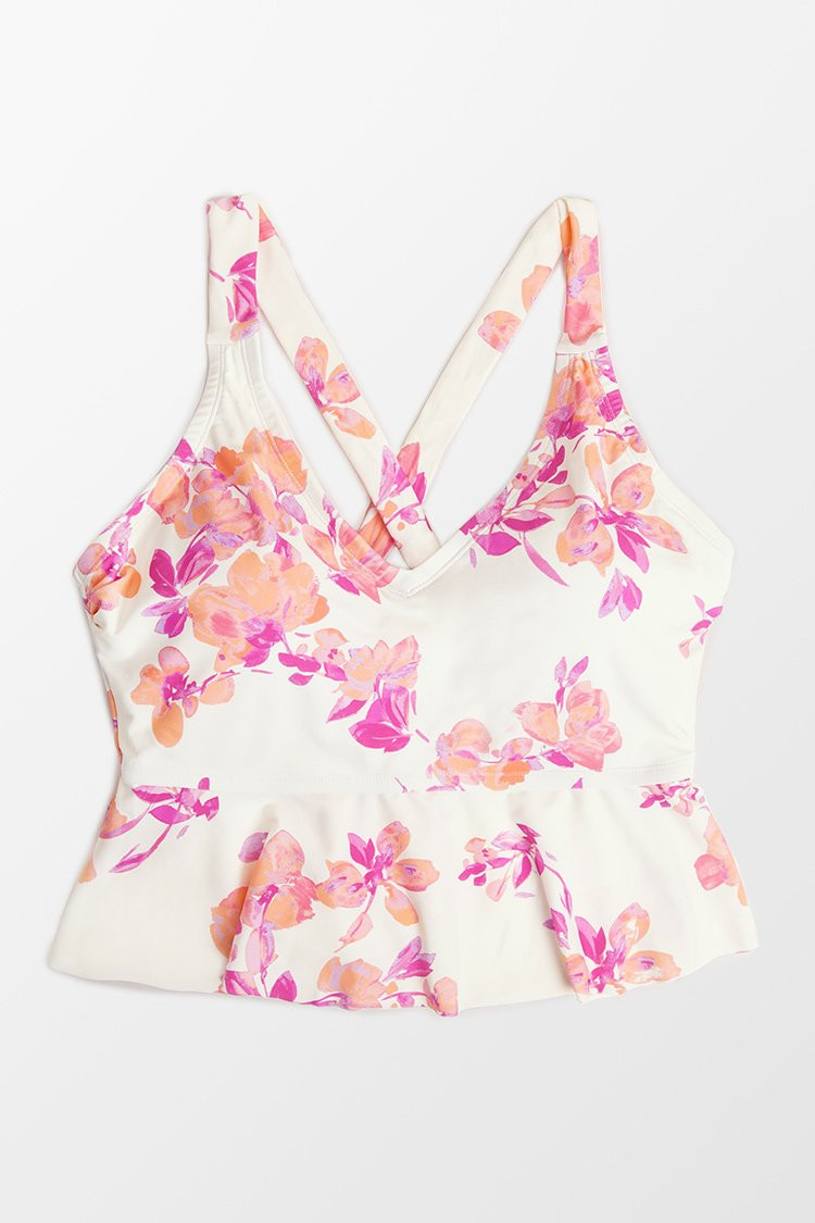 Larissa Floral V-neck Ruffle Back Tie Plus Size Tankini Top | Cupshe