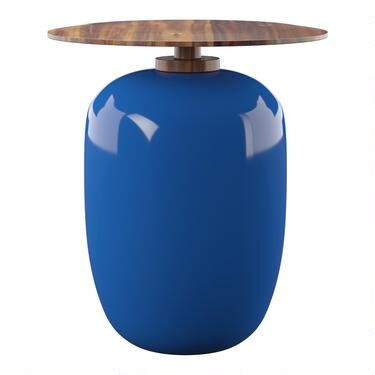 Round Blue Ceramic and Acacia Wood Outdoor Accent Table | World Market